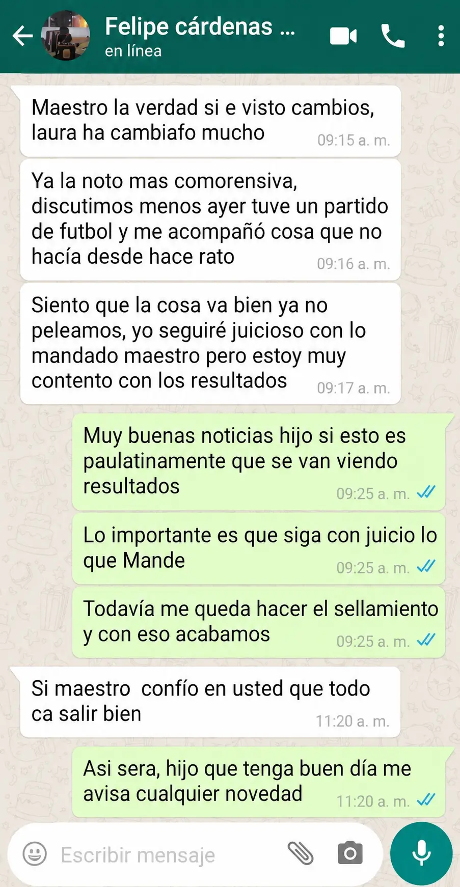 Testimonio por WhatsApp de una clienta agradeciendo el acompañamiento espiritual