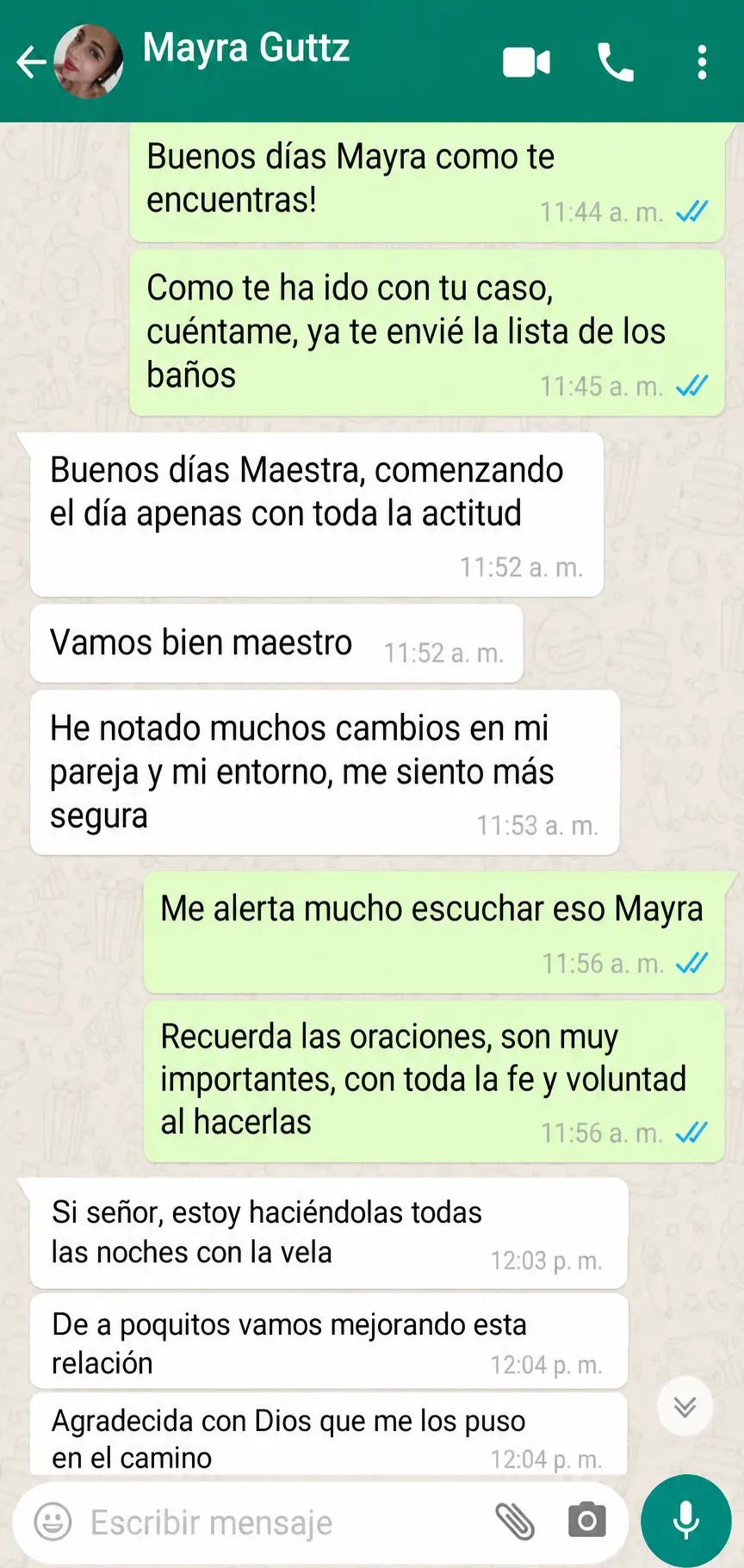 Testimonio por WhatsApp de una clienta sobre su recuperación de pareja y agradecimiento